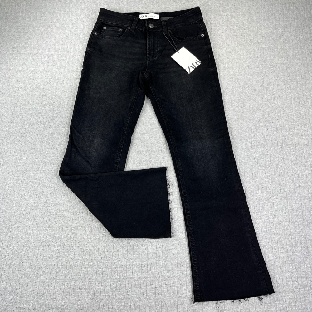 New Zara Bootcut Jeans Women 2/26x25.5 Black Flare Raw Hem Frayed Denim Pants